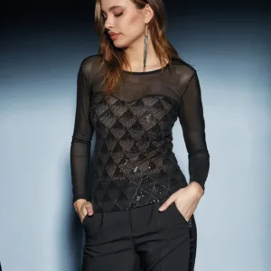 Maglia a maniche lunghe in tulle con paillettes serie charleston Jadea Galà art.4695